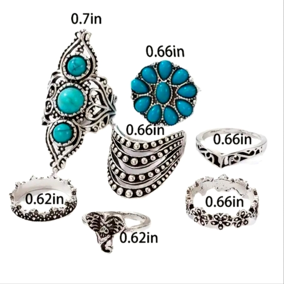 Vintage Turquoise Elephant Geometric Ring 7pcs/SetBoho Style Decor Jewelry - Picture 7 of 10